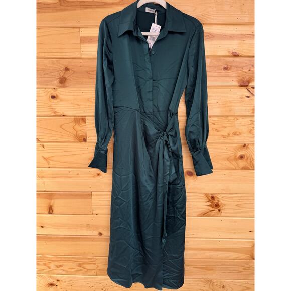 SIMKHAI Jonathon Simkhai Samba Wrap-effect Satin Midi Shirt Dress in Emerald 2 - Picture 4 of 7